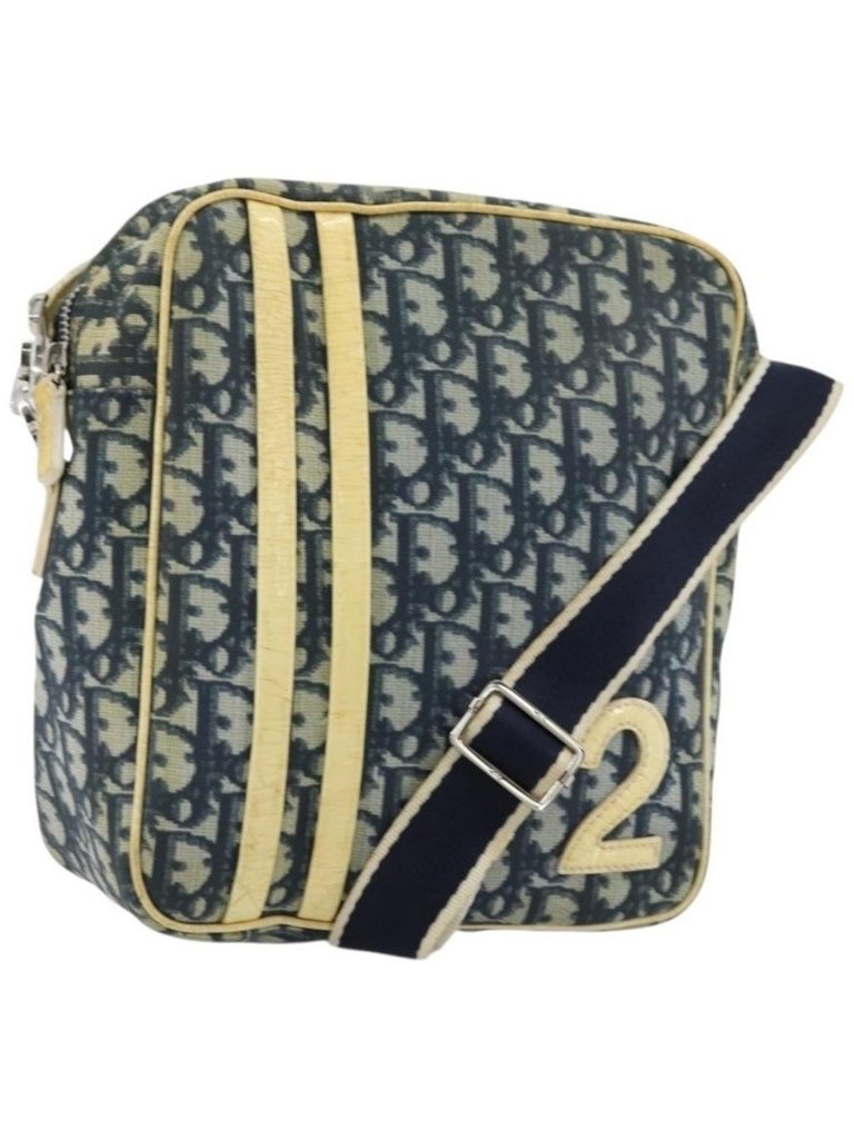 Authentic Christian Dior Trotter Canvas Shoulder Bag Pvc Navy Silver